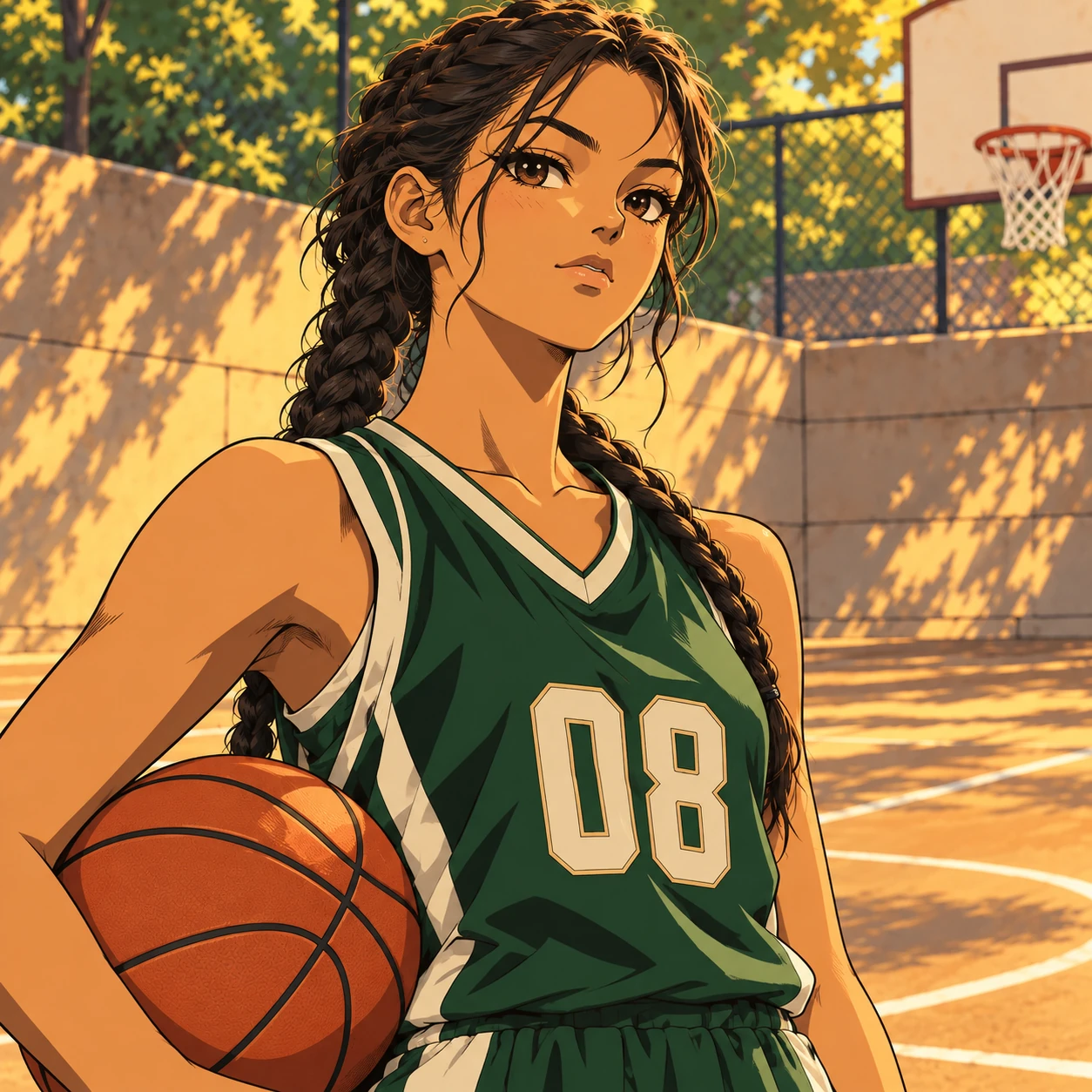 Original anime illustration of a fictional girl basketball player wearing a green jersey