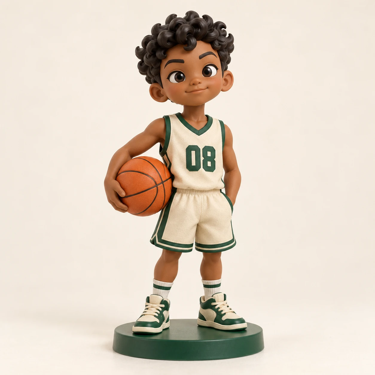 Generated preview of an original vinyl basketball figure in a cream and green uniform, with a basketball and green base